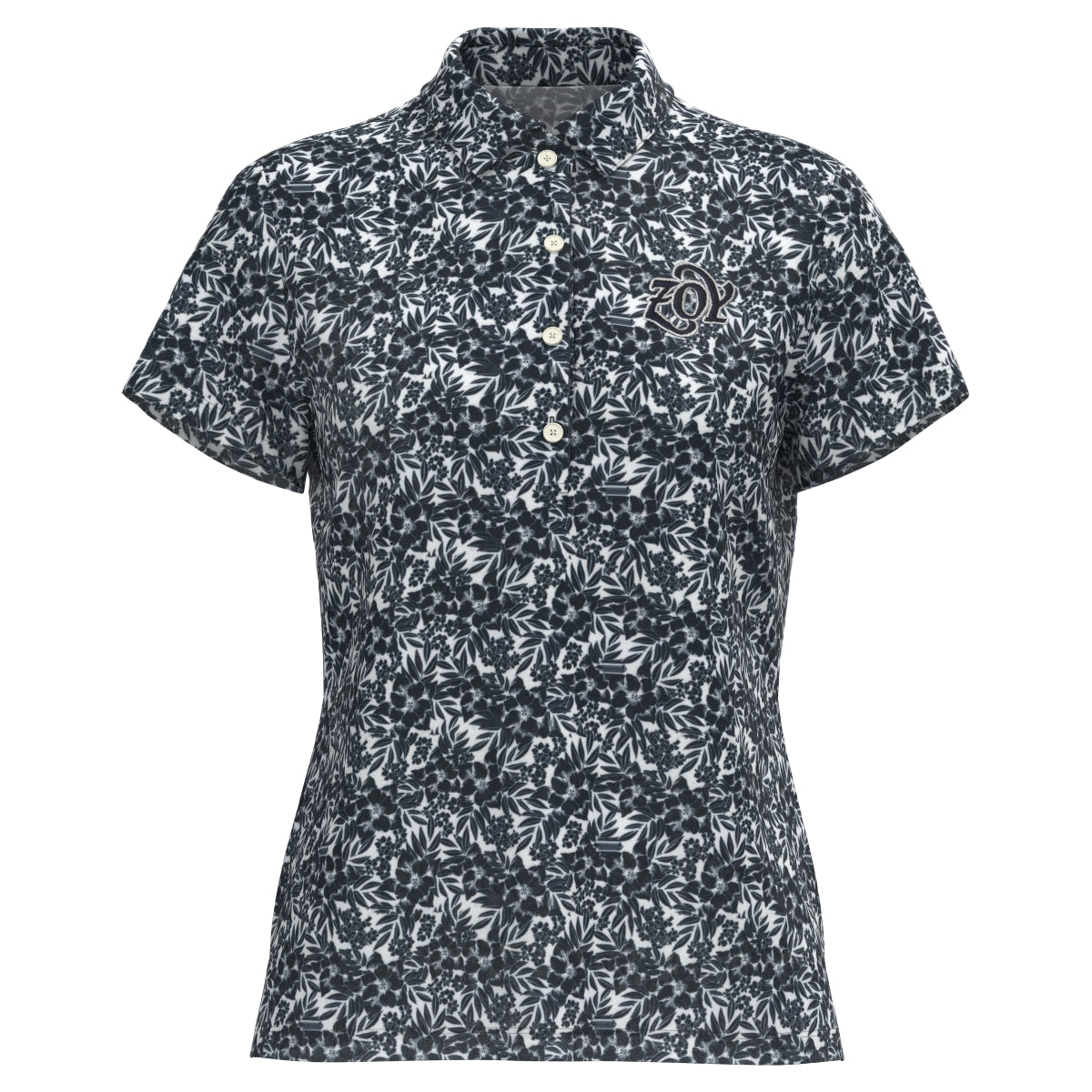 WOMEN ステンシルリーフプリント ASKIN鹿の子 半袖シャツ ネイビー