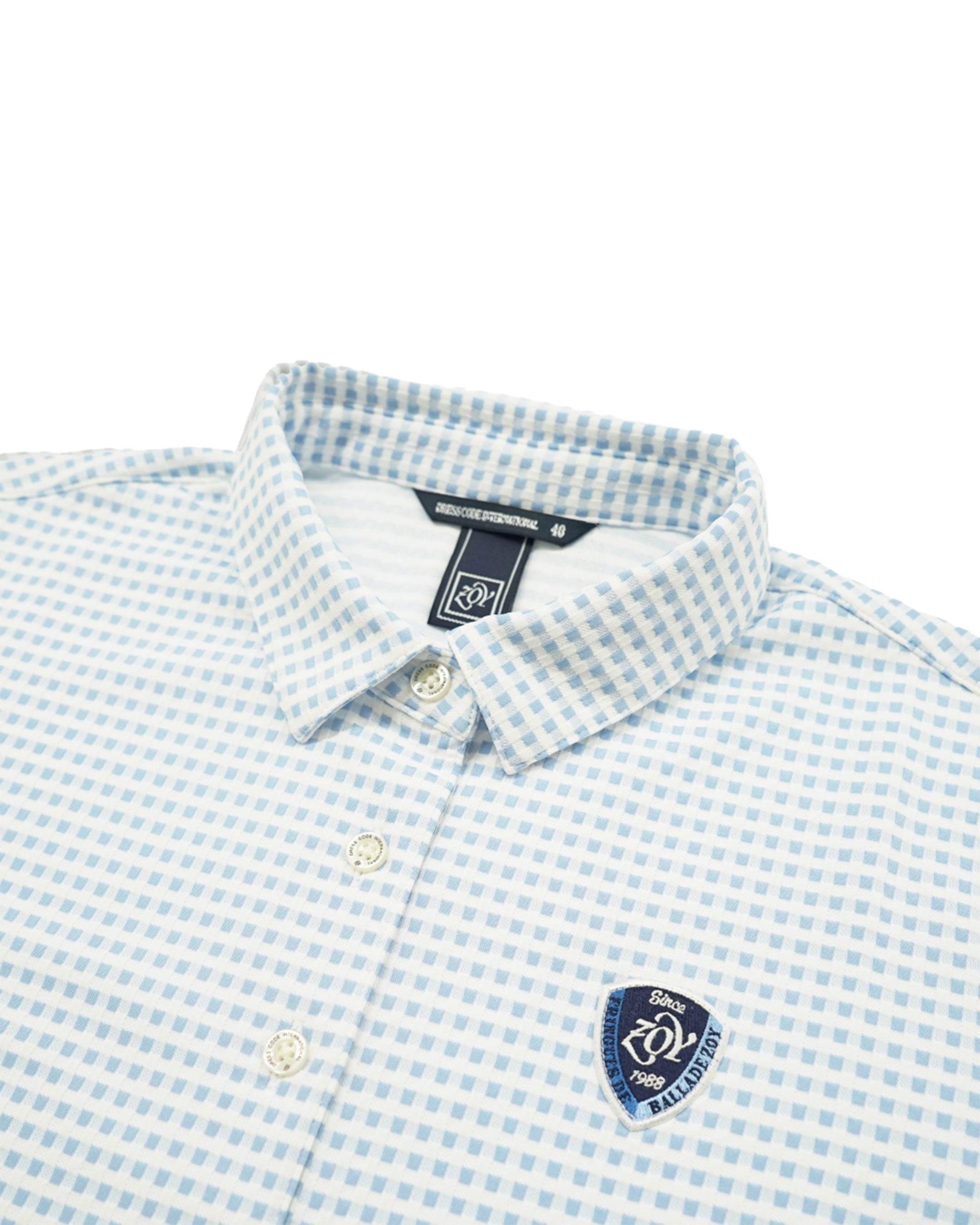 WOMEN HGJQニットギンガム 長袖シャツ サックス