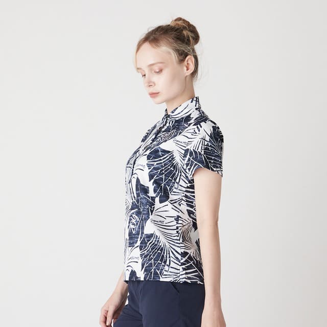 WOMENS ステンシルリーフプリント 半袖ポロシャツ ネイビー 071622022 - ZOY OFFICIAL
