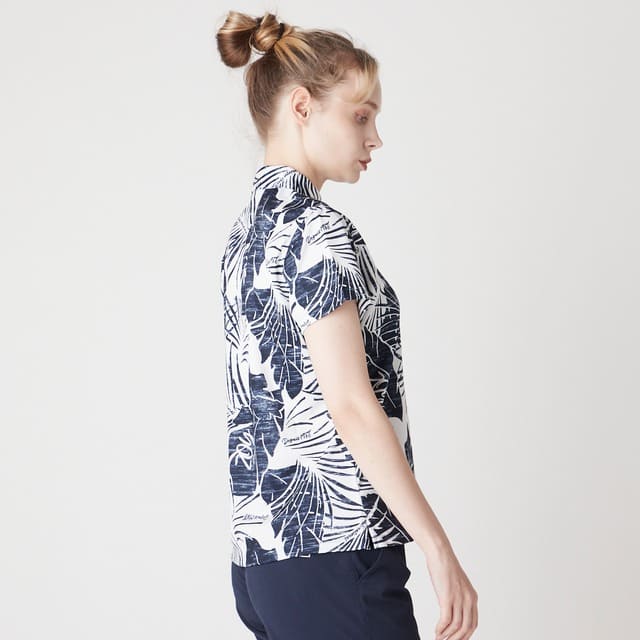 WOMENS ステンシルリーフプリント 半袖ポロシャツ ネイビー 071622022 - ZOY OFFICIAL