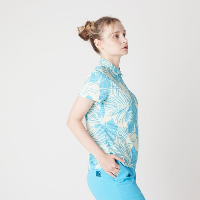 WOMENS ステンシルリーフプリント 半袖ポロシャツ スカイブルー 071622022 - ZOY OFFICIAL