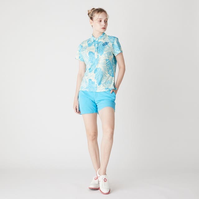 WOMENS ステンシルリーフプリント 半袖ポロシャツ スカイブルー 071622022 - ZOY OFFICIAL