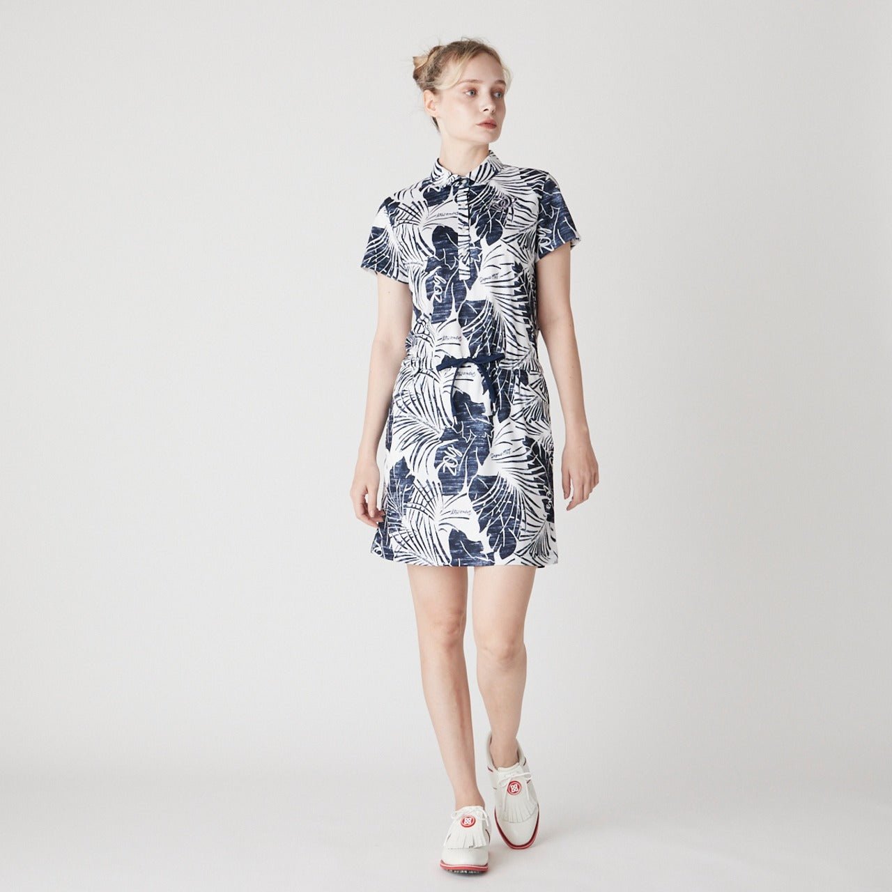 WOMENS ステンシルリーフプリント 半袖ワンピース ネイビー 071622523 - ZOY OFFICIAL