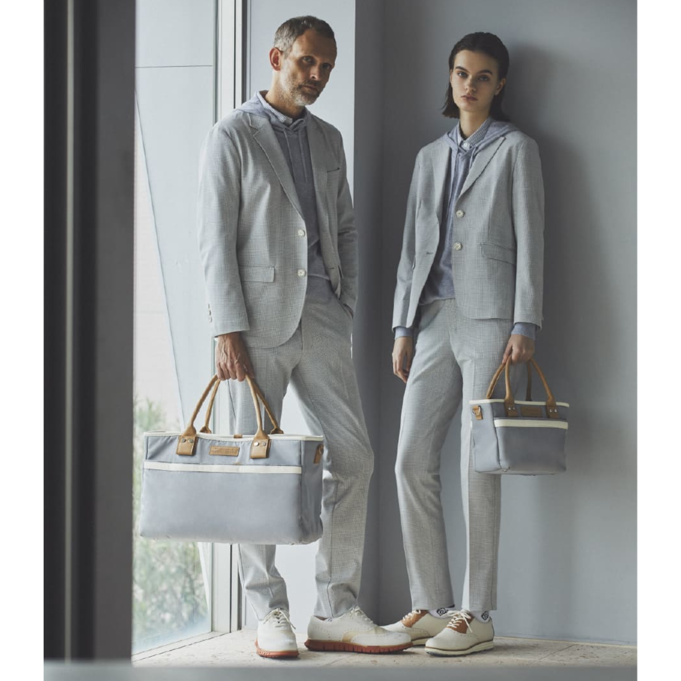 WOMEN グレンチェックストレッチ ロングパンツ シルバーグレー