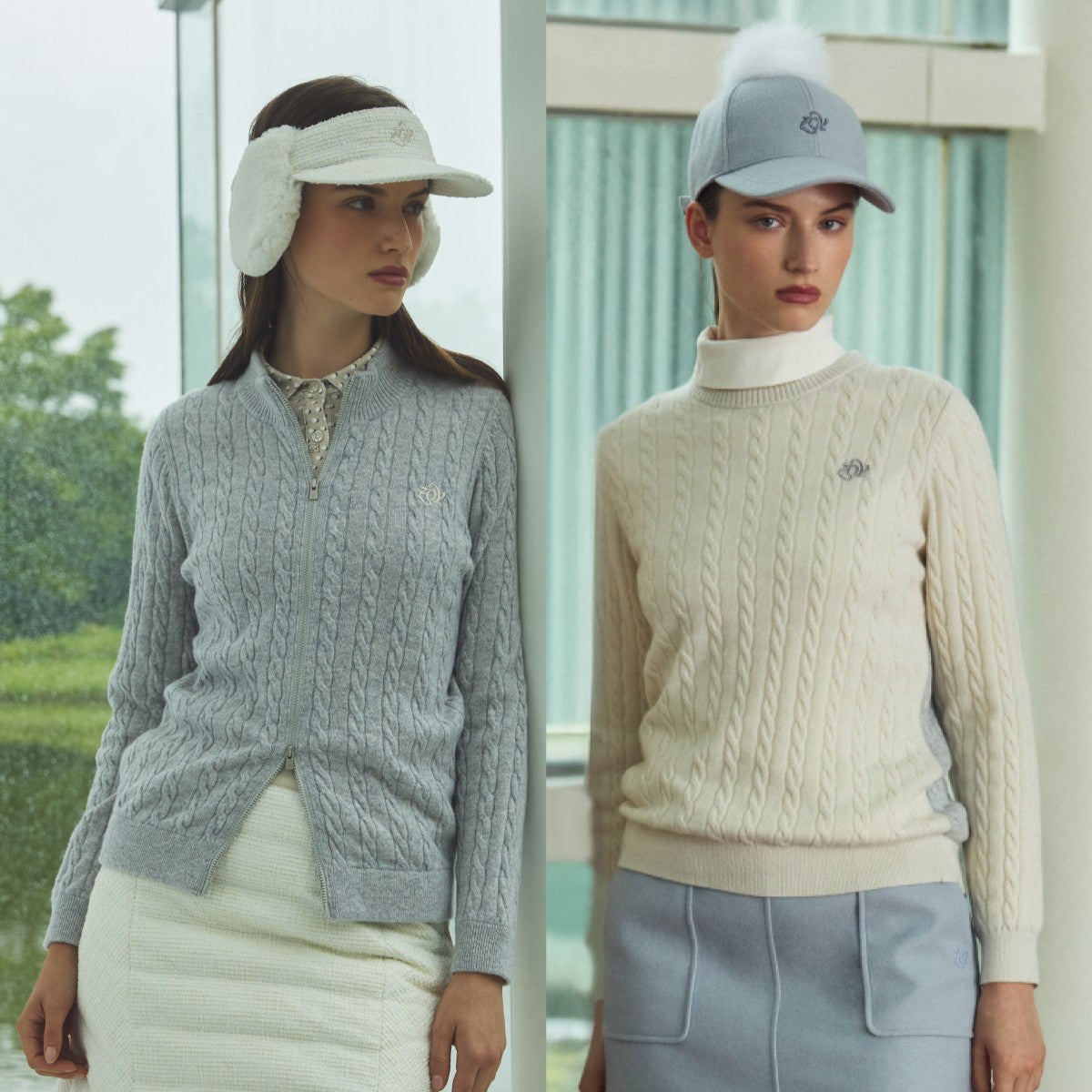 【エレガントなゴルフ女子に捧ぐ冬の装い／レディース特集】品よく煌めくダウンウエア。ポンポンキャップとセットで合わせる防風スカート。この冬を美しく彩る最新ウェアを全面特集