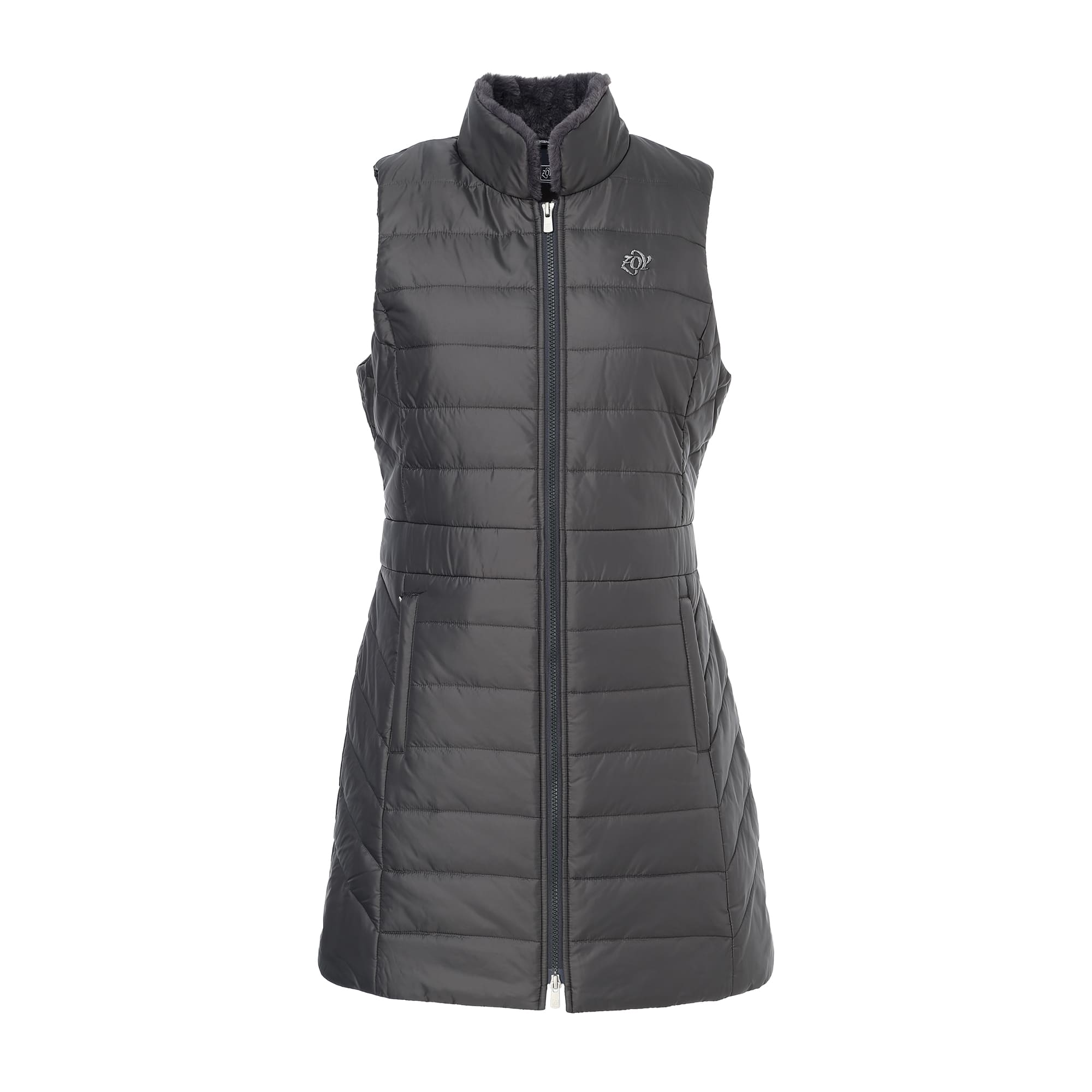 WOMEN ストレッチタフタキルト 中綿ロングベスト チャコール