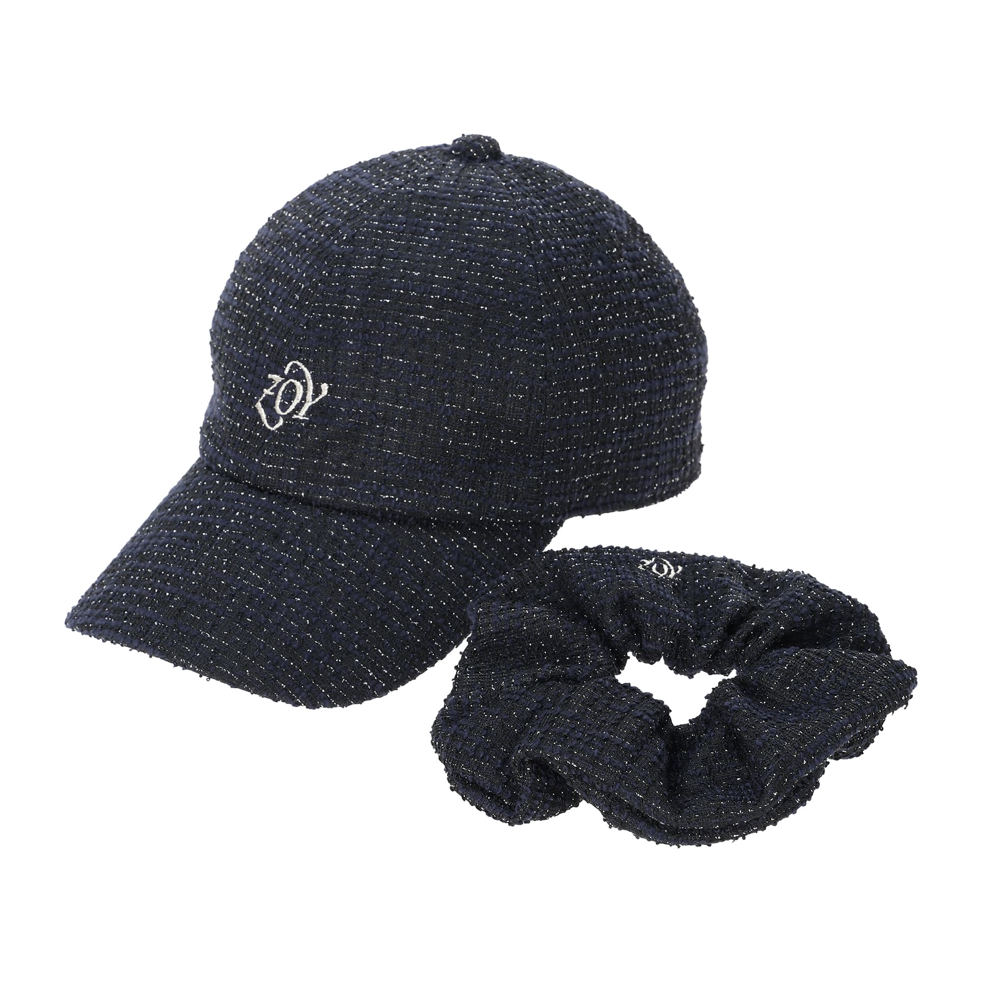 WOMEN シュシュ付きツイードキャップ ネイビー