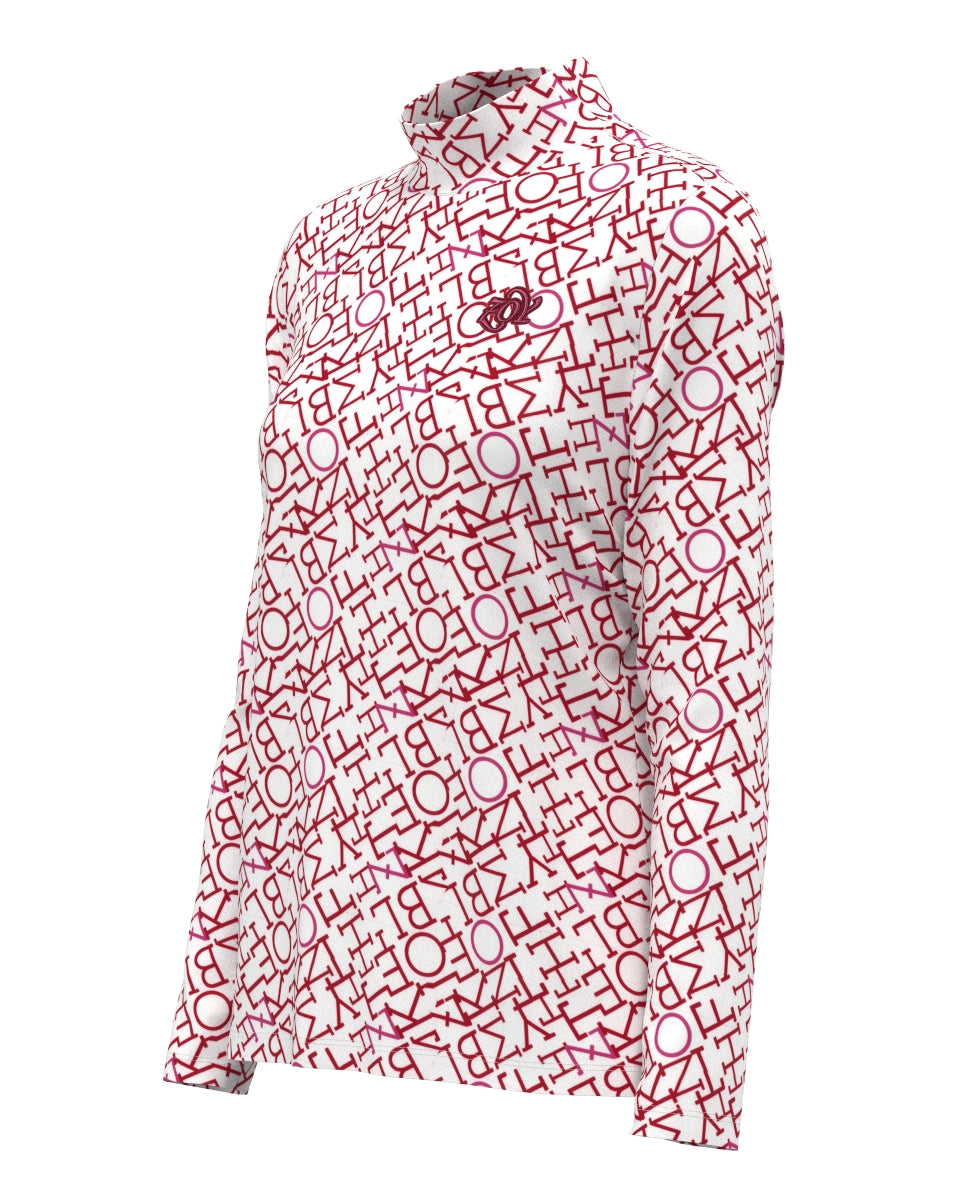 ZOY モックネック　長袖　Tシャツ ドライ　速乾　メッシュ　ゴルフウェア　総柄 WOMEN タイポグラフィーPT 長袖モックネックシャツ レッド