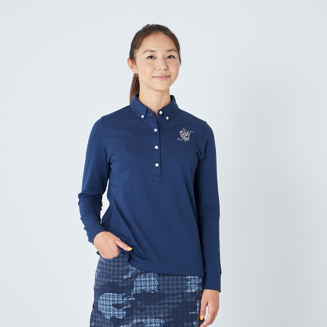 【通年】WOMEN ファンクショナルストレッチ鹿の子 長袖シャツ ネイビー 071729085