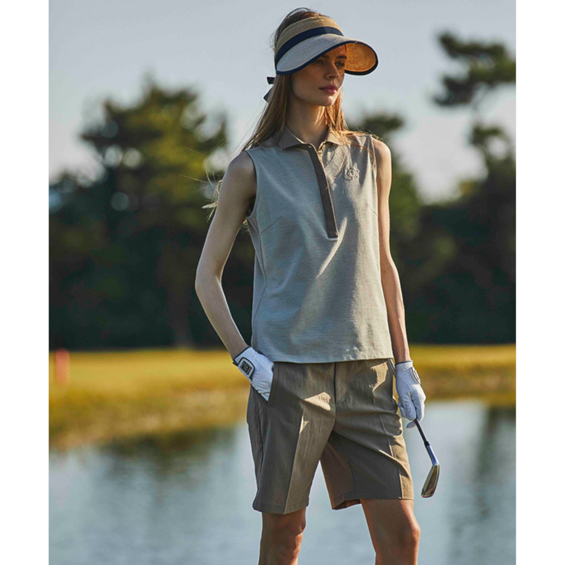 WOMEN DOT MESH COOL ワイドスプレッドカラー スリーブレスシャツ ベージュ