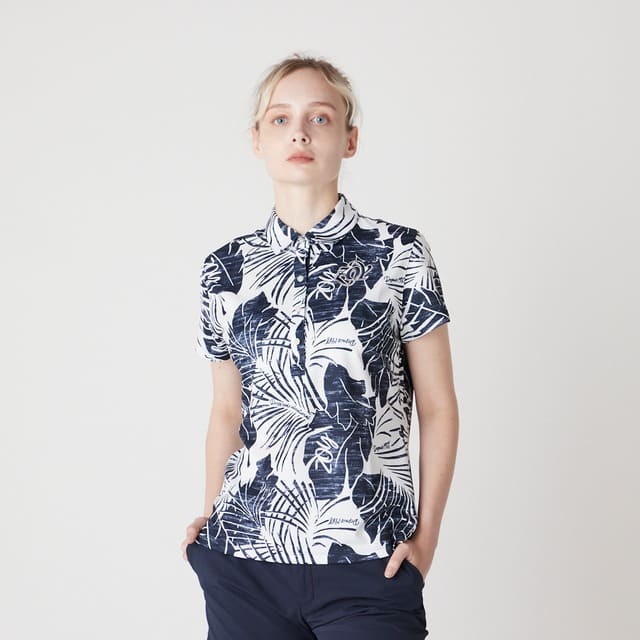 WOMENS ステンシルリーフプリント 半袖ポロシャツ ネイビー 071622022 - ZOY OFFICIAL