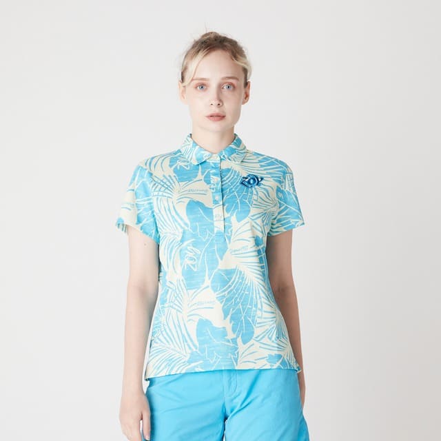 WOMENS ステンシルリーフプリント 半袖ポロシャツ スカイブルー 071622022 - ZOY OFFICIAL