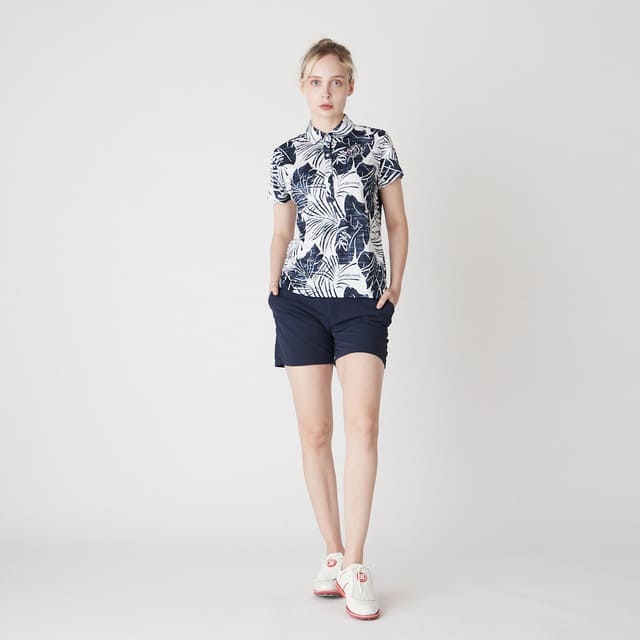 WOMENS ステンシルリーフプリント 半袖ポロシャツ ネイビー 071622022 - ZOY OFFICIAL