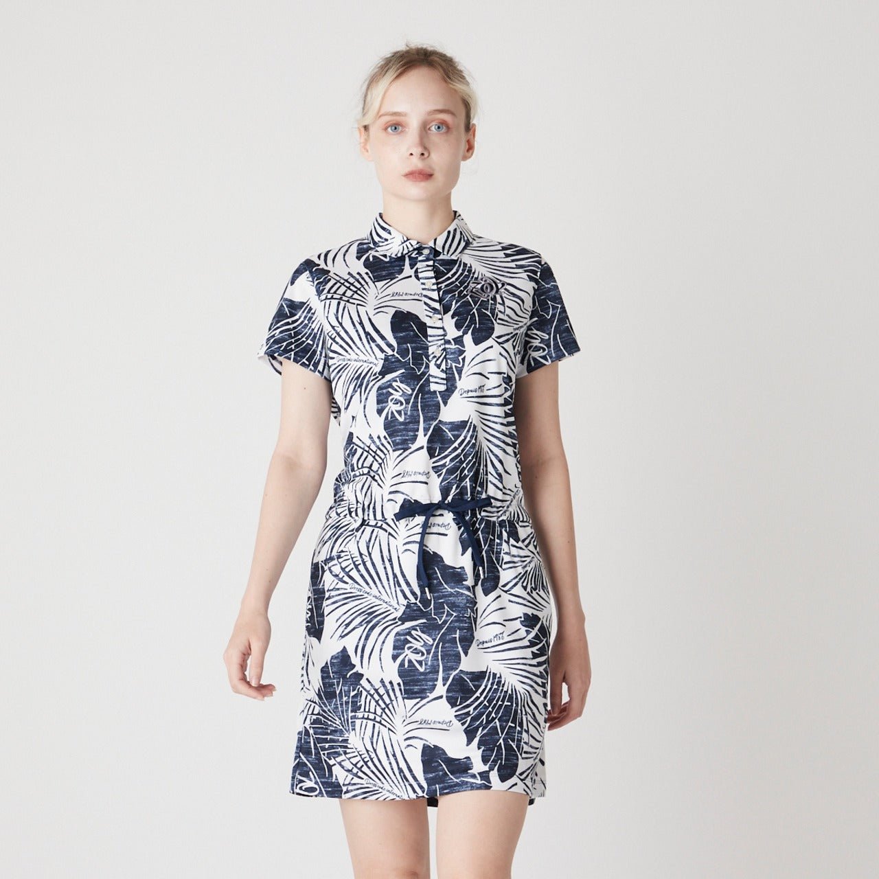 WOMENS ステンシルリーフプリント 半袖ワンピース ネイビー 071622523 - ZOY OFFICIAL